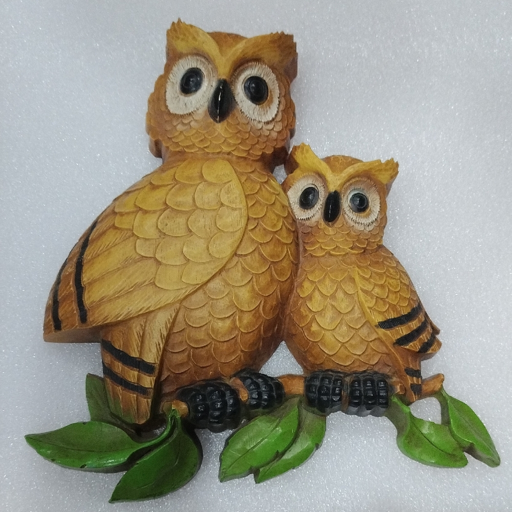 Wooden Owl Figurine with Green Leaves